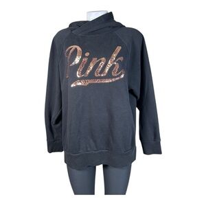 PINK Victoria's Secret Black Gold Sequined Logo Hoodie Women’s Size M Black